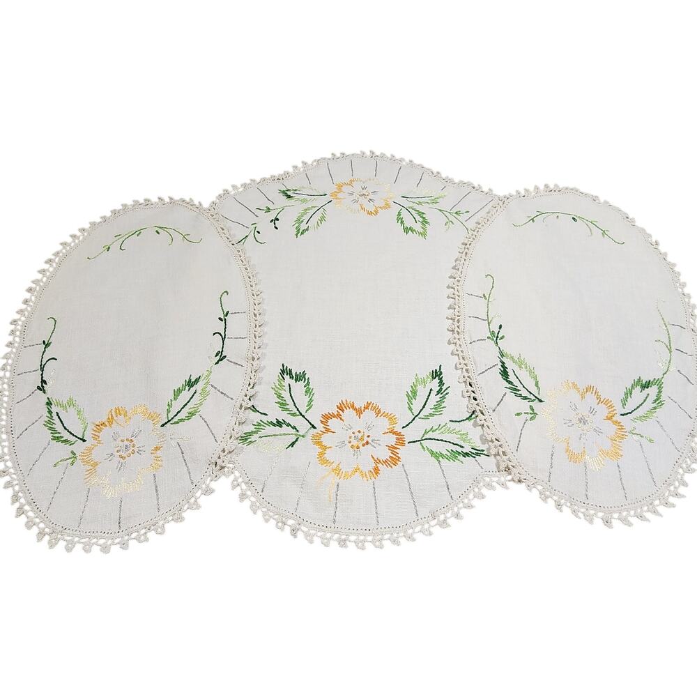 Handmade Embroidered Golden Flowers Table Dresser Doilies Crocheted Edge 3pc Vtg